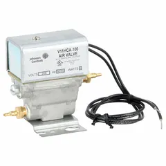 This 3-way air switching valve features a die cast aluminum body and operates on 24V AC, 50/60 Hz, with a maximum operating pressure of 30 psi. It is used in pneumatic control systems to direct or isolate air flow in HVAC and building automation applications.