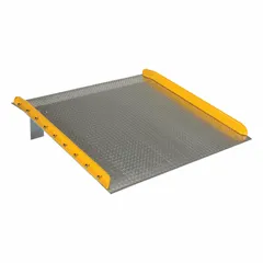 Aluminum dock board with diamond treadplate surface. Overall length 60 in, overall width 60 in. Used to bridge the gap between a loading dock and a truck or railcar for forklift and pallet jack access.