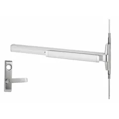 This concealed vertical rod exit device from VON DUPRIN features a touchbar push pad and lever outside trim. Finished in chrome, it is designed for doors up to 3 ft wide. The concealed vertical rods provide secure latching while maintaining a clean appearance. ADA compliant for accessible egress.