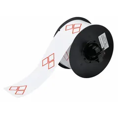 Precut label roll featuring red GHS/CLP 3A diamond pictograms with no legend. Measures 2 11/64 in x 3 11/32 in and uses acrylic adhesive. Compatible with Brady BBP31 printer series. Used for hazard labeling on chemical containers in industrial settings.