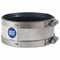 This shielded flexible transition coupling is designed for connecting 3 in/4 in iron pipe in above-ground plumbing and industrial piping systems. It features a neoprene sleeve and stainless steel shields to absorb vibration and accommodate minor misalignment. The coupling body is iron, with an overall length of 2 1/8 in