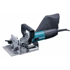 This corded biscuit joiner operates on 120V AC with a 5.6 A motor. It offers a maximum cutting depth of 3/4 in and 6 depth settings. Designed for creating slots for biscuit joinery in woodworking applications such as panel joining, countertop assembly, and frame construction.