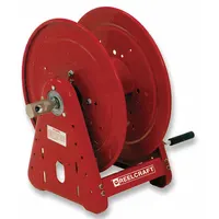 This hand-crank hose reel stores and dispenses up to 100 ft of 3/8 in I.D. hose. It features a gooseneck guide for smooth retraction, a nickel-plated steel swivel, and TFE/P seals. The red reel measures 17-3/4 in L x 19-3/4 in W x 20-1/4 in H. Suitable for air, water, and mild chemical transfer in maintenance and industrial settings