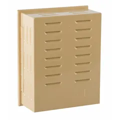 This steel thermostat guard features a hinged cover with lock and key, and a solid base. Single-wall construction. Inside dimensions: 8-5/8 in H x 6-3/4 in W x 3 in D. Outside dimensions: 9-3/16 in H x 7-1/4 in W x 3-5/16 in D. Beige finish. Used to protect wall-mounted thermostats from tampering and damage in commercial or industrial settings.