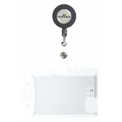 Set of 10 clear plastic badge pouches with retractable tethers. Each pouch measures 4 inches wide by 2 13/16 inches high and supports both horizontal and vertical orientation. Designed for displaying ID badges, access cards, or passes in office or industrial settings.