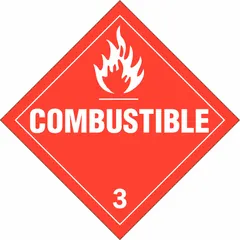 This BRADY placard is a 10 3/4 in x 10 3/4 in Class 3 placard with a 'Combustible' message. It is used to identify containers holding combustible liquids for regulatory compliance during transport and storage.
