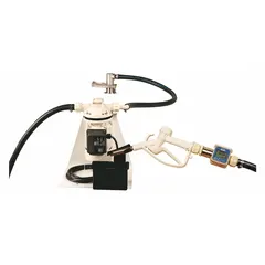 This electric drum pump kit operates at 115 V AC with a 1/10 hp motor and delivers a maximum flow rate of 8 gpm. It includes a polypropylene/stainless steel nozzle, a digital meter, and a discharge hose. Designed for dispensing diesel exhaust fluid (DEF) from totes or drums in industrial and fleet maintenance settings.