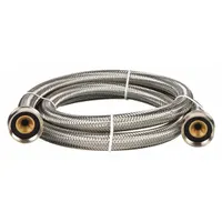 This washing machine hose connects a washer to a water supply. It has a 4 ft length, 250 psi rating, PVC tube, and stainless steel cover. Temperature range is 40° to 180°F