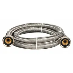 This washing machine hose connects a washer to a water supply. It has a 4 ft length, 250 psi rating, PVC tube, and stainless steel cover. Temperature range is 40° to 180°F.