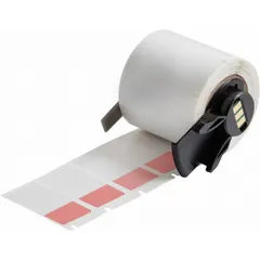 Red matte vinyl wraparound label measuring 1 1/2 in x 3/4 in, designed for wire gauges 10 AWG to 4 AWG. Compatible with BMP71 printer series, requires M7-R4300 ribbon. Used for permanent identification of wires in electrical panels, machinery, and cable management.