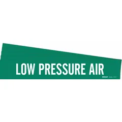 Green adhesive pipe marker with white legend reading 'Low Pressure Air'. Designed for pipe outer diameters from 2-1/2 to 7-7/8 inches. Pack of 5 markers without directional arrows. Used to identify low-pressure air lines in industrial piping systems.
