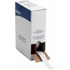 Precut label roll for industrial identification. White gloss polyester material. Size 1 in x 3/8 in. Temperature range -94°F to 230°F. Compatible with M610 printer series.