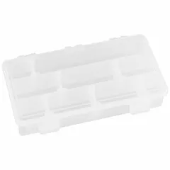 This clear plastic compartmented box from FLAMBEAU features adjustable dividers for customizing compartment sizes. It measures 4 1/8 x 7 x 1 1/2 inches and is not electrostatic discharge conductive. Suitable for organizing small parts in workshops, labs, or assembly areas where static-sensitive storage is not required.