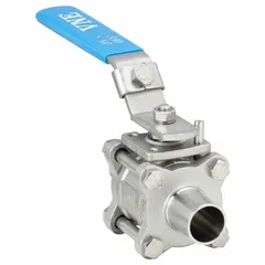 This VNE 3-A certified ball valve is made from 316 stainless steel with a 20 Ra μ-in surface finish. It features a straight, full port design and a locking lever handle. Suitable for sanitary processing applications requiring cleanability and corrosion resistance.