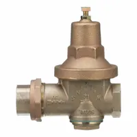 Bronze high capacity water pressure regulator with single union, FNPT x FNPT connections, and 1 1/4 in pipe size. Adjustable from 25 psi to 75 psi. Low-lead compliant. Used in plumbing systems to reduce and stabilize incoming water pressure for applications such as irrigation, boiler feed, and process water