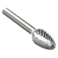 Single-cut ball-nosed tree bur with 1/4" x 1/2" head and 1/8" shank. Designed for deburring, shaping, and finishing metal on contoured surfaces and internal radii. Suitable for use on steel and cast iron