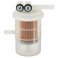 Cellulose in-line fuel filter with 1 13/16 in outside diameter. Includes two bleed screws for air purging. Compatible with Mitsubishi buses. Baldwin Interchange BF7845