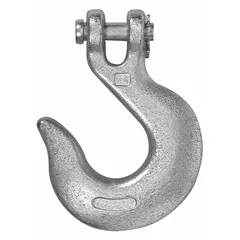 General purpose slip-hook for lifting and rigging applications requiring quick connect or disconnect. Carbon steel construction with clevis design for attachment to chain links or hardware. Zinc and silver finish. Hook Grade 43. Working load limit 2,600 lb.
