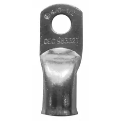 This straight side terminal lug is designed for terminating 4/0 gauge wire to a 3/8 inch stud. It features a tin-plated copper contact and supports both crimp and solder termination methods. The yellow color and absence of raised pads are characteristic of this model. Typical applications include battery banks, industrial electrical panels, and heavy equipment where secure side-terminal connections are required.