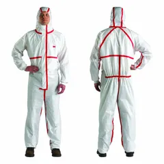 Non-sterile cleanroom coveralls made from non-microporous PE laminate, suitable for ISO Class 1 and above environments. Features include elastic cuffs, wrists, ankles, and hood, taped seams, anti-static properties, and a zipper closure. Individually packaged, clean processed, and designed for protection against infective agents and bloodborne pathogens.