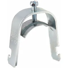 This steel conduit clamp with saddle features an electroplated finish for corrosion resistance. It is designed for 1-1/2 in conduit and fits 1-5/8 in strut channels, accommodating cable diameters from 1.250 in to 1.740 in. Commonly used to secure conduit runs in industrial and commercial electrical installations.