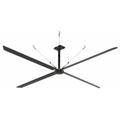 Industrial HVLS ceiling fan with 16 ft blade diameter, designed for large spaces such as warehouses and manufacturing plants. Operates on 240V AC, three-phase power at 3.5 A, with variable speed control. No light kit included.