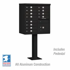 Horizontal lockable multi-unit mailbox with 13 front-access doors. Measures 62 inches high by 30 1/2 inches wide by 18 inches deep. Designed for pedestal mounting. Suitable for centralized mail delivery in residential or commercial complexes such as apartment buildings, condominiums, or office parks.