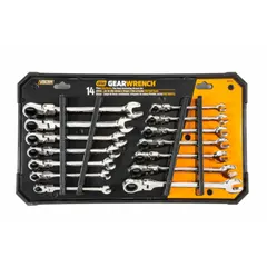This set includes SAE and Metric 12-point ratcheting combination wrenches made of alloy steel with a full polish chrome finish. The 12-point box end and ratcheting action allow fastener tightening and loosening without repositioning the wrench. Suitable for general mechanical assembly and maintenance tasks.