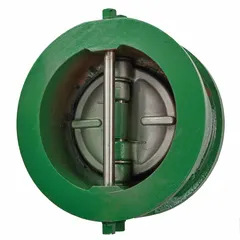 Cast iron double-door wafer check valve with 2 in pipe size and inline valve body. Prevents backflow in piping systems handling steam, water, or other fluids. Suitable for industrial steam, HVAC, and process applications requiring flow direction control.