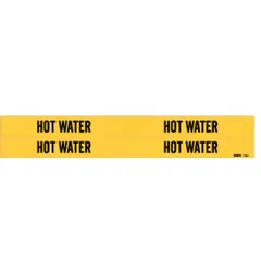 Yellow adhesive pipe markers with black 'Hot Water' legend, designed for pipes with outer diameter 3/4 to 2-3/8 inches. Each pack contains four markers without arrows, used to identify hot water piping systems in industrial and commercial facilities.