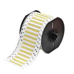 Polyolefin sleeve label roll in yellow matte finish. Precut sleeves measure 3/32 in x 2 in, designed for wire gauges 20 AWG to 28 AWG. Compatible with i3300 printer series. Used for permanent wire and cable identification in electrical panels, control cabinets, and terminal blocks.