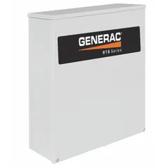Three-phase automatic transfer switch rated 200 A at 120/208V AC with a 45,000 W maximum watt capacity. Steel enclosure, not lockable, compatible with RTS series. Not service rated. Automatically transfers electrical loads between utility power and backup generator during outages.