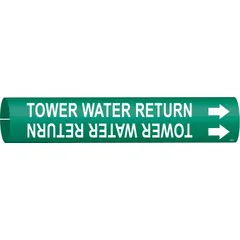Green pipe marker with white legend reading 'Tower Water Return' and directional arrows. Fits pipe outer diameter from 3/4 to 1-3/8 inches. Supplied as a single marker for identifying tower water return lines in industrial piping systems.
