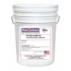 PETROCHEM compressor oil in a 5-gallon pail, formulated for lubricating rotary screw, vane, and reciprocating air compressors. It has an SAE grade of 20, ISO viscosity grade of 68, and a viscosity index of 99. This oil reduces wear, dissipates heat, and protects against rust and oxidation in industrial compressed air systems.