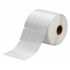 White matte vinyl precut wraparound label roll for wire identification. Measures 1 7/16 in x 1/2 in, suitable for 10 AWG to 4 AWG wire gauge. Compatible with THT printer series; requires R4313 ribbon. Used for marking conductors in electrical panels, control cabinets, and cable management.