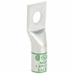 One-hole compression lug for terminating 1 AWG stranded copper conductors. Features a 5/16 in stud size and is made of copper. Suitable for power distribution, motor controls, and panel building applications.