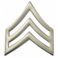 Metallic rank insignia featuring a Sergeant chevron design. Constructed of metal with a silver finish. Measures 3/4 inch. Attaches via clutch pin. Sold as a pair. Suitable for displaying rank on uniformed service attire.