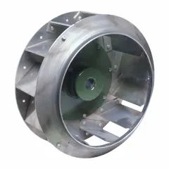Backward-inclined blower wheel with 12 1/4 in diameter, 5 1/4 in width, and 1 in bore. Constructed with an aluminum wheel and features clockwise hub end rotation. Suitable for moving air or gases in industrial ventilation systems, including exhaust, supply, and process air applications.