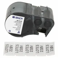 This precut label roll cartridge measures 3/4 in x 1 1/2 in and is made of Metalized Polyester with black-on-gray printing. It is designed for use with the BMP51 printer series. Typical applications include industrial identification, cable marking, and asset tagging in environments requiring durable labels.