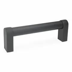 This load-rated straight-leg tubular pull handle features a rear-mount design with 9.84 in mounting hole center-to-center spacing. The bar is black powder-coated aluminum, and the leg style matches. Screw size is M8. Suitable for industrial enclosures, machinery doors, and heavy-duty access panels.