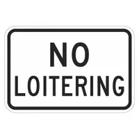 This aluminum sign displays a clear no-loitering message for use in industrial facilities, warehouses, or restricted areas. It features a High Intensity Prismatic (HIP) retroreflective grade for visibility in low light and is designed for mounting via pre-drilled holes. The sign is not glow-in-the-dark