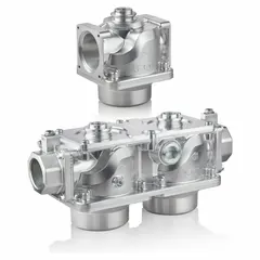 This REDHAT gas shut-off valve body is a 2-way, 2-position, spring-return, normally closed unit with linear trim and a single-valve design. Constructed from die-cast aluminum, it is silicone-free for applications requiring contamination-free operation. Used in industrial gas systems to control fuel flow, it automatically shuts off when de-energized.