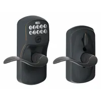 This electronic keyless lock provides keypad access for residential doors. It features a bronze finish and includes a Schlage "C" 6 Pin Keyway for key override. Suitable for homes, apartments, and light commercial applications requiring keyless entry