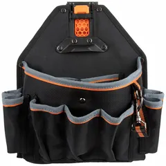 Polyester tool pouch with 18 pockets for organizing screwdrivers and hand tools. Attaches via clip to belts up to 2 1/2 in wide. Black/Gray/Orange color. Dimensions: 11 3/4 in W x 5 in D x 12 1/4 in H.