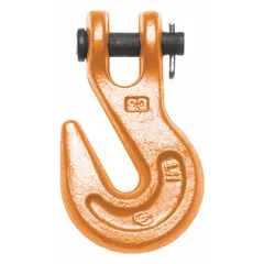 This narrow-opening grab hook is made of alloy steel with a Grade 80 rating. It has a usable length of 3 13/16 inches. Designed for lifting applications, it is used to attach chains or slings in rigging and material handling tasks.