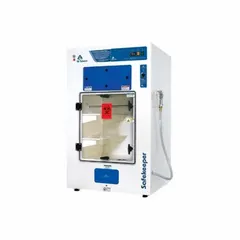 This evidence drying cabinet is constructed with an epoxy-coated polypropylene and steel housing. It has an overall depth of 27 3/4 inches and a height of 6 1/4 feet. The cabinet includes a base/stand and is intended for use in uncontrolled environments. It is designed for drying forensic evidence such as clothing and biological samples while minimizing contamination.