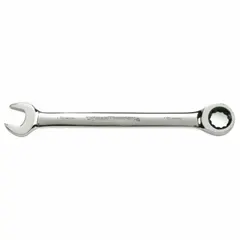 This metric 12-point ratcheting combination wrench features a 41 mm head size and is constructed from alloy steel with a full polish chrome finish. The ratcheting box end allows continuous turning without repositioning, while the open end provides standard wrench function. Suitable for tightening and loosening fasteners in mechanical and industrial settings.