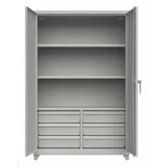 Stationary welded steel cabinet with four adjustable shelves, swing handle with padlock hasp, and legs. Gray baked enamel finish, 14 ga panel thickness. Suitable for organizing tools, parts, and supplies in warehouses, factories, and workshops.