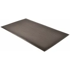 Standard antifatigue mat measuring 6 ft x 60 ft with a 3/8 in thickness. Constructed of black PVC foam with a beveled edge and anti-slip backing. Suitable for use in industrial workstations, assembly lines, and aisles to reduce fatigue from prolonged standing.