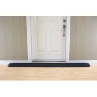 This black rubber ramp provides a smooth transition over door thresholds or low steps for wheelchairs, carts, and foot traffic. It is ADA compliant and measures 82 inches in length. Commonly used in industrial facilities, warehouses, and commercial buildings to improve accessibility and reduce trip hazards